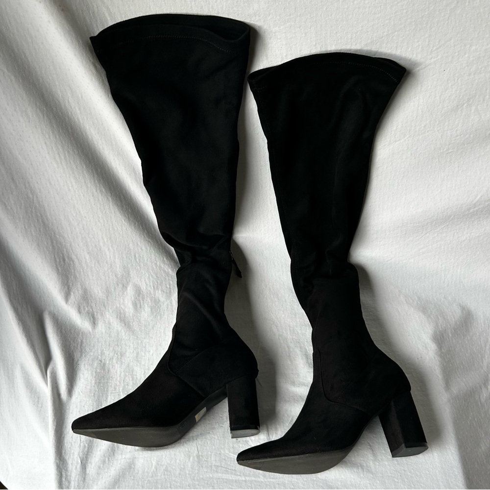 Black suede pointed toe over the knee sock boots with back zipper
